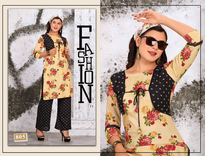 Trendy Tip Top Heavy Latest Fancy Designer Rayon Printed Jacket Kurti With Bottom Collection
