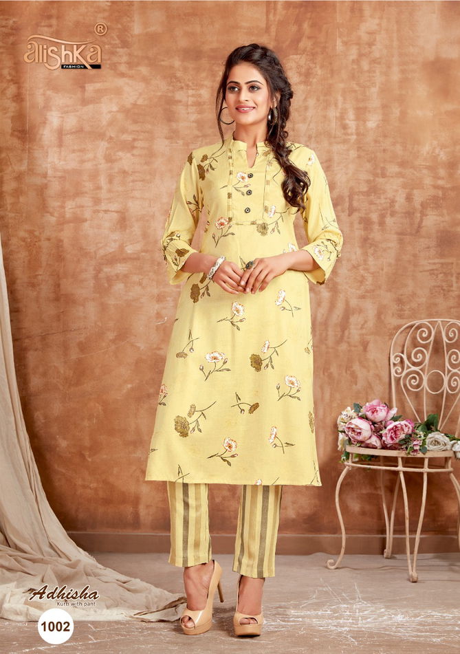 Alishka Adhisha Latest Fancy Designer Rayon With Foil Print Kurti With Bottom Collection
