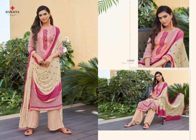 Ramaiya Rose Gold Latest Fancy Ethnic wear Cotton Print With Neck Work Top With Four Side less Dupatta Designer Dress Material Collection
