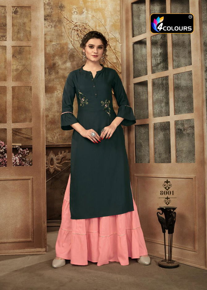 4Colours Zulfat Fancy Casual Wear Rayon Slub With Embroidery Work Kurti With Bottom Collection