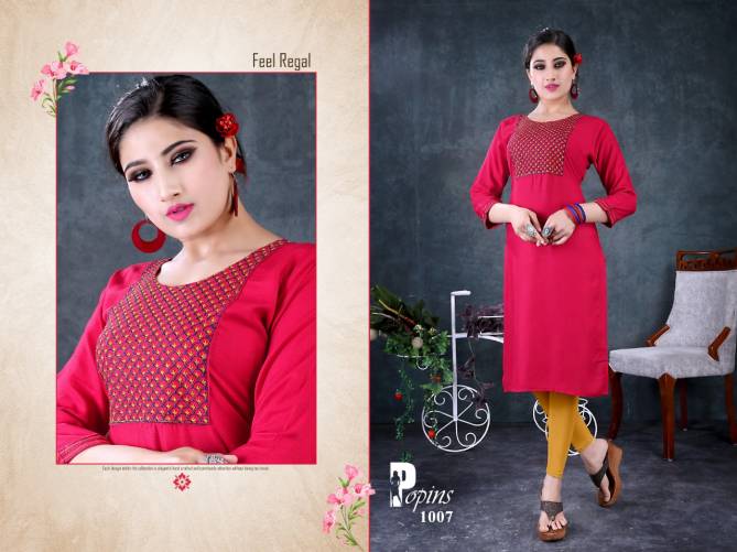 Popins Ethnic Wear Rayon Embroidery Designer Latest Kurtis Collection
