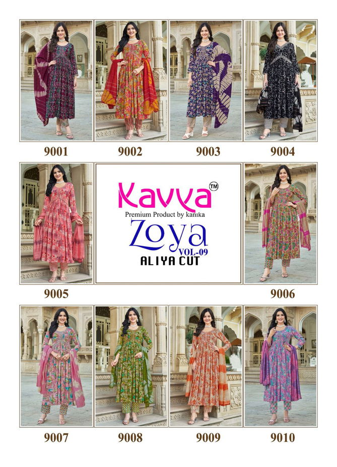 Zoya Vol 9 By Kavya Rayon Foil Aliya Cut Kurti With Bottom Dupatta Orders In India