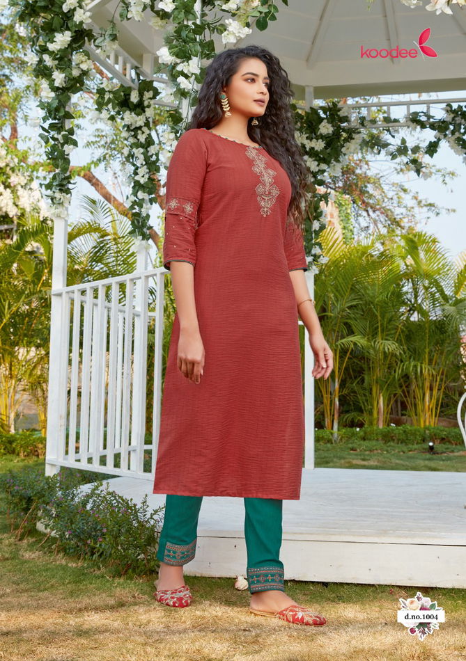 Koodee Sanvi 1 Latest fancy Festive Wear Viscose Embroidery Work Kurtis With Bottom Collection
