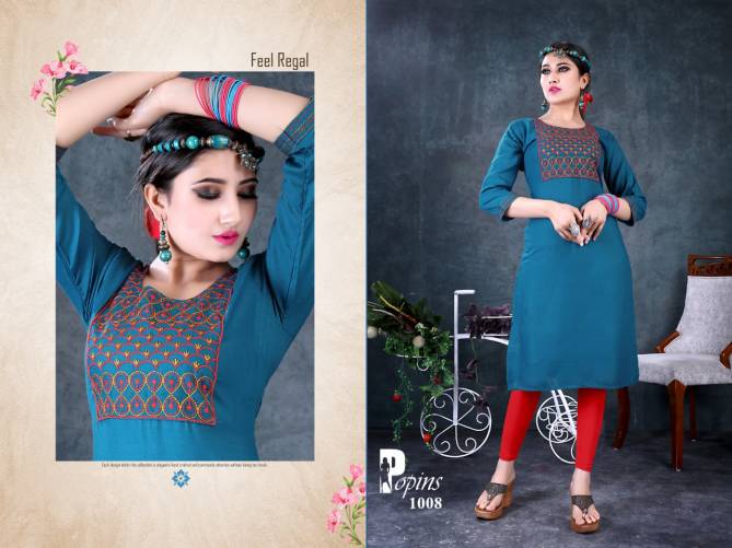 Popins Ethnic Wear Rayon Embroidery Designer Latest Kurtis Collection
