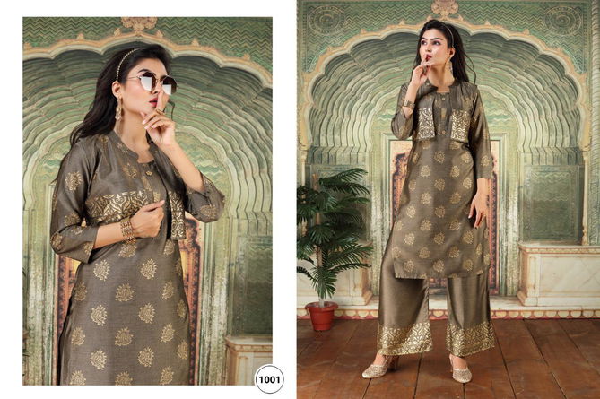 Ft Pashmina  Latest Fancy Designer Festive wear Rayon Foil Printed Kurti With Bottom Collection
