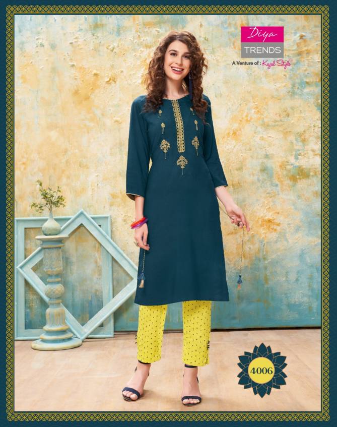 Forever 4 Latest Fancy Designer Ethnic Wear Rayon With fancy Embroidery Kurti With Bottom Collection

