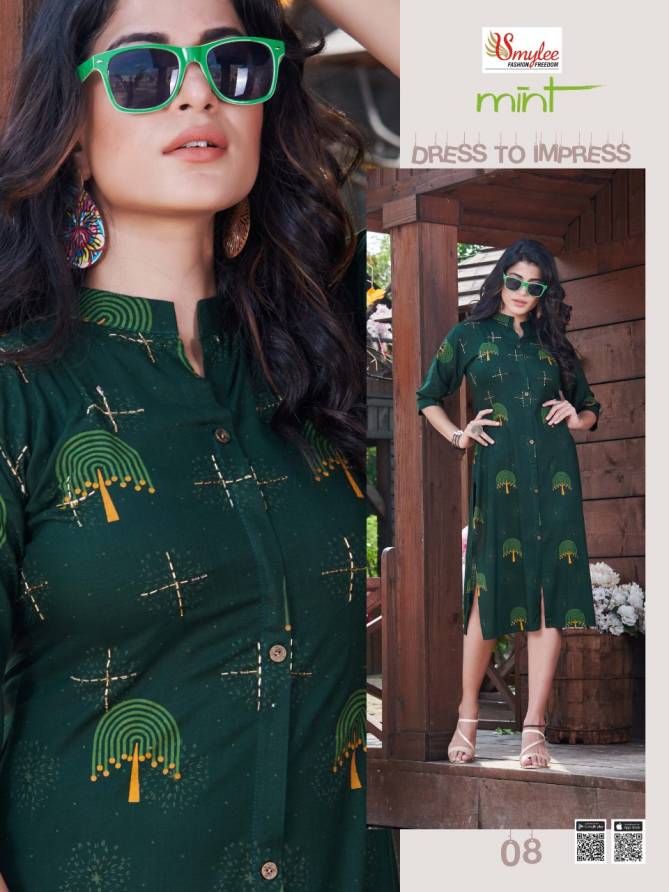 Smylee Mint Latest Designer Printed Heavy Rayon With Work Casual Kurtis Collection 