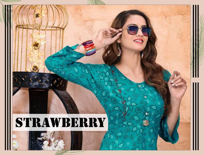 Trendy Strawberry Ethnic Wear Printed Rayon Designer Kurtis Collection
