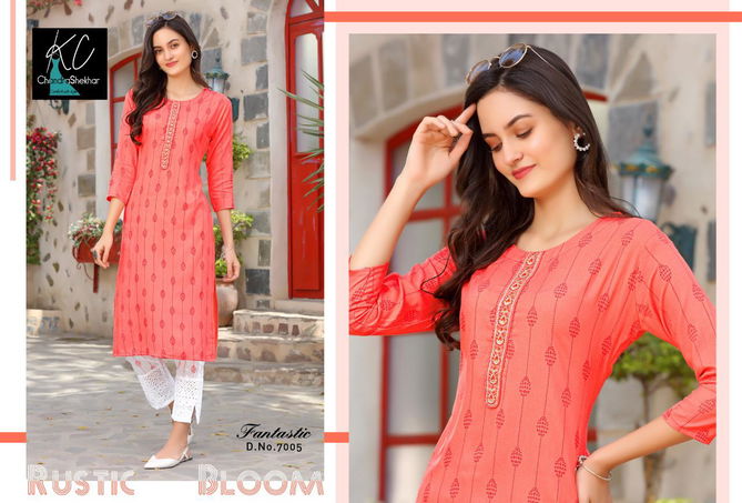 Kc Fantastic 7 Latest Fancy Casual Wear Rayon printed top with heavy neck work Kurti With Bottom Collection
