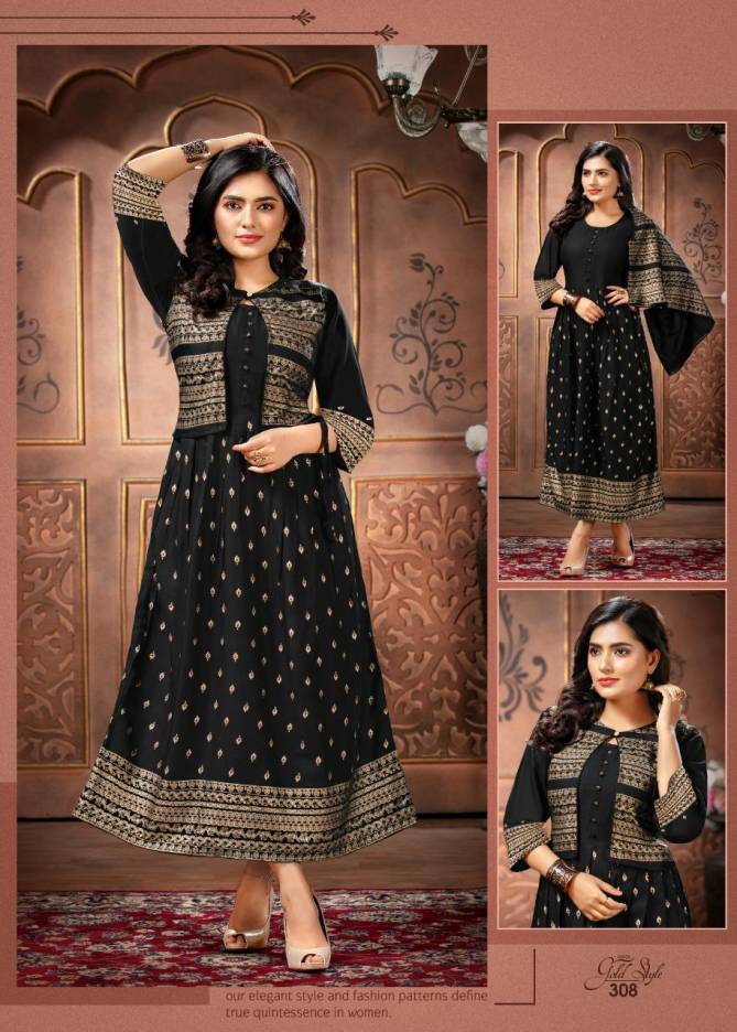 Ft Gold Style 3 Latest fancy Designer Casual Wear Gold Printed Long Kurtis Collection
