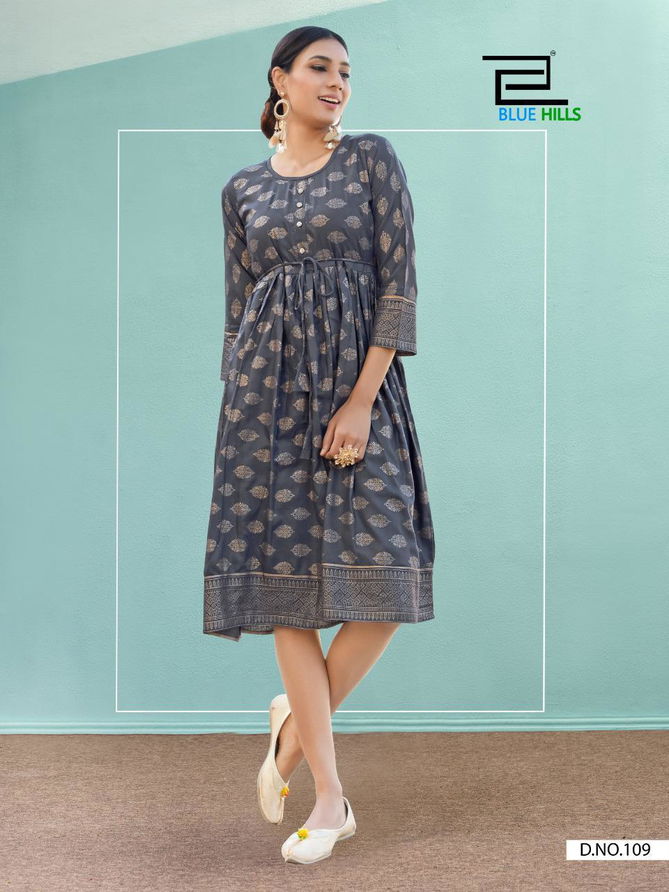 Blue Hills Shine Latest Fancy Designer Ethnic Wear Rayon Gold Print Kurtis Collection
