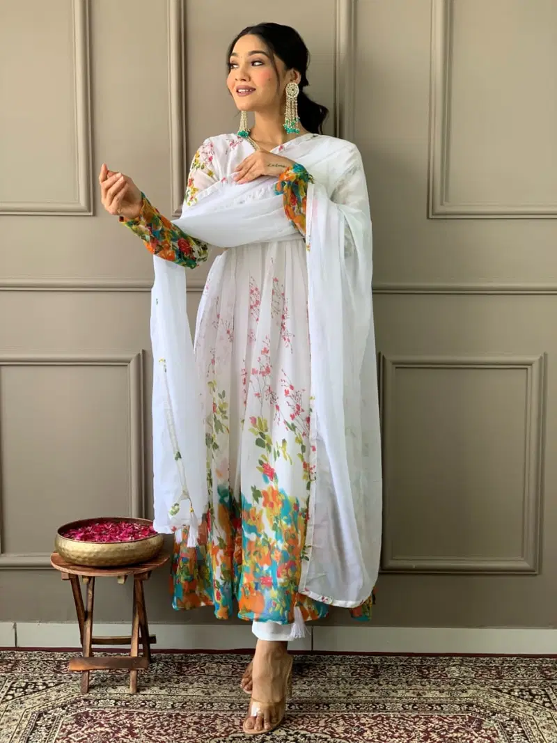 Kalaai Alia Cut Georgette Printed Long Kurti With Bottom Dupatta Wholesalers In Delhi
