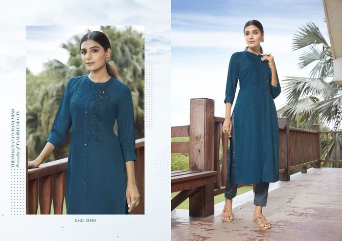 Kalaroop Pears Fancy Wear Designer Rayon Fancy Hand Work Kurti Collection
