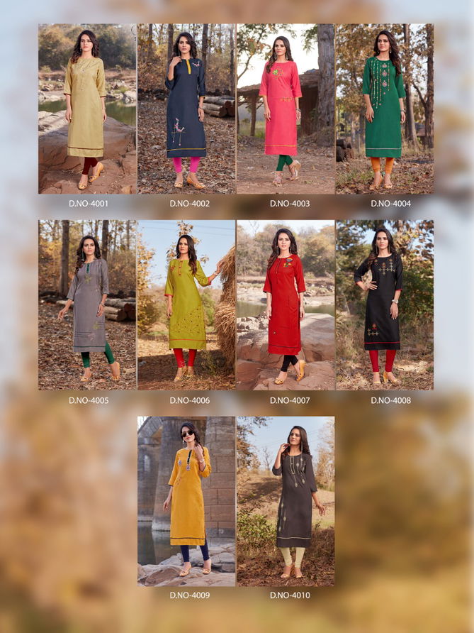 BLEND V-4 DESIGNER HEAVY PREMIUM COTTON WITH EMBROIDERY WORK THREE FOURTH SLEEVES KURTI COLLECTION