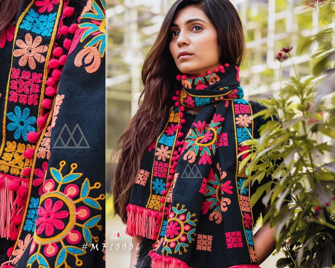 Mesmora Latest Winter Collection of 100% Embroidered Mufflers Decorated With Long Woollen Laces And Pompom Laces