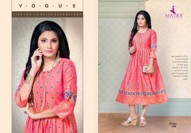 Mayra Fortune Latest Designer Fancy Flair Style Casual Wear Rayon printed Kurtis Collection
