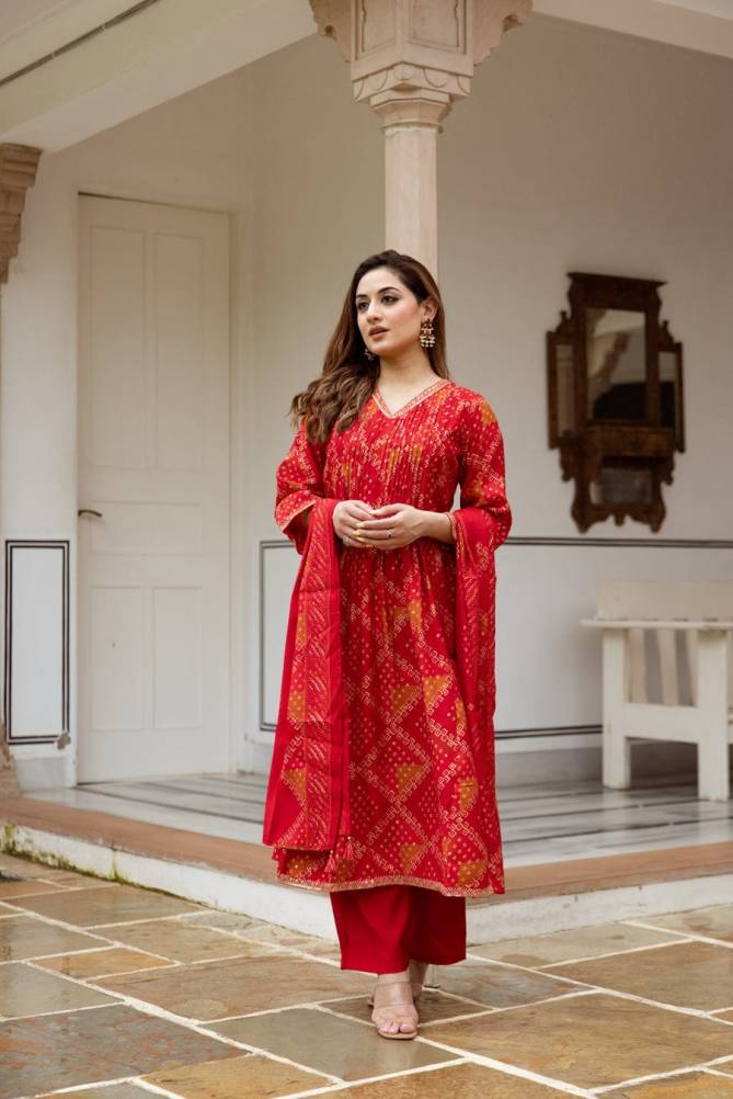 KF Red Kalaai Printex Embroidery Kurti With Bottom Dupatta Exporters In India