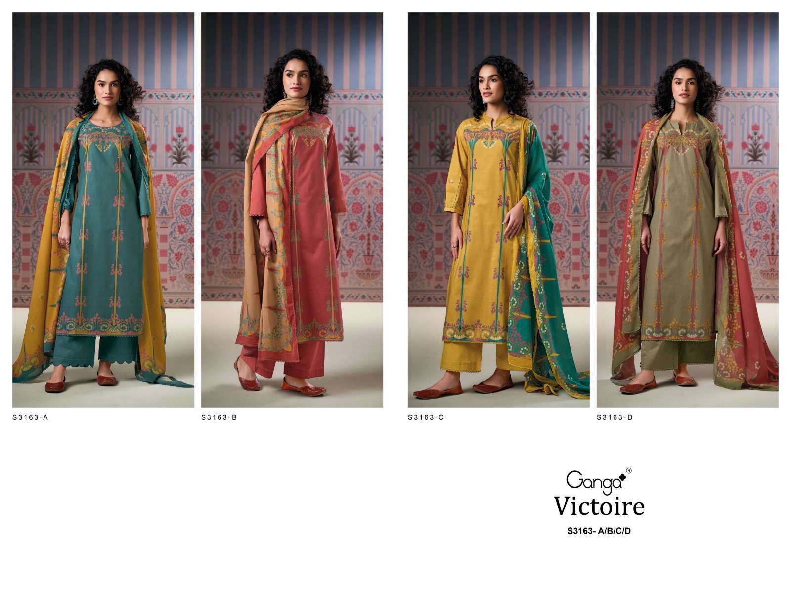 Victoire 3163 By Ganga Cotton Printed Embroidery Dress Material Exporters In India