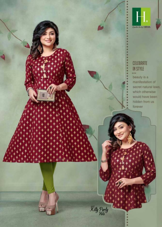 Hirwa Kitty Party 7.3 Latest Fancy Designer Casual Wear Ikkat Print Pure Cambric Cotton Flair Kurti Collection
