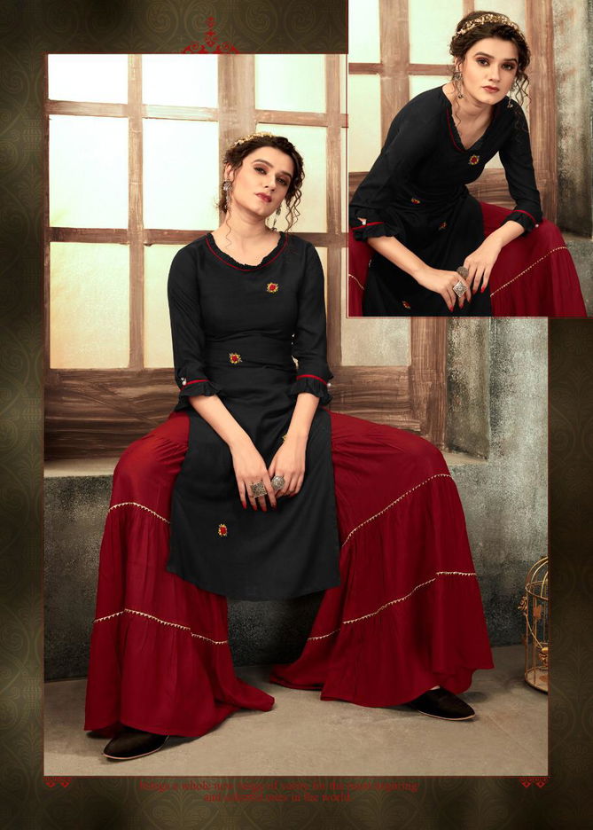 4Colours Zulfat Fancy Casual Wear Rayon Slub With Embroidery Work Kurti With Bottom Collection