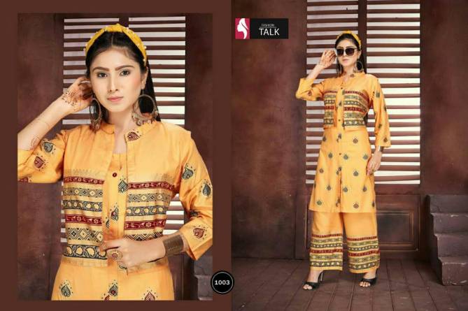 Ft Pintex Latest Fancy Designer Casual Wear Gold Print Heavy Rayon Kurti With Bottom Collection
