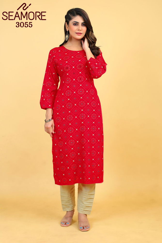 Red By Seamore Rayon Mirror Work With Printed Wear Kurtis Exporters In India