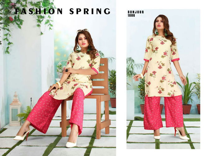 Ft Bonjour Latest Fancy Regular Wear Rayon Printed Kurti With Bottom Collection