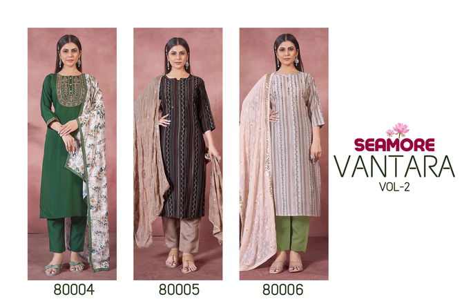 Vantara Vol 2 By Seamore Art Silk Embroidery Kurti With Bottom Dupatta Suppliers In India