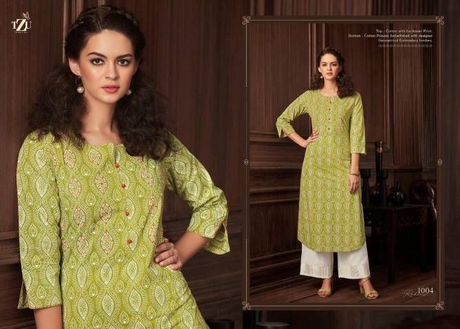 TZU REHANA Latest Casual Wear Lucknowi Print With Embroidery Work Pure Cotton Kurti With Palazzo Collection 
