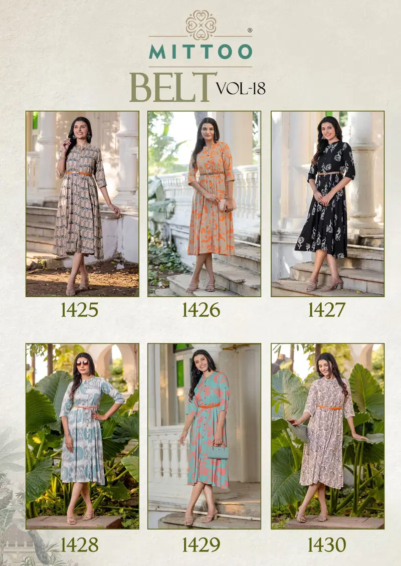 Belt Vol 18 By Mittoo Rayon Printed Party Wear Kurtis Wholesale Price