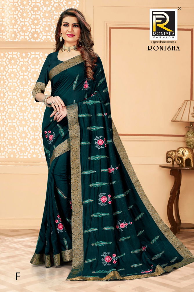 Ronisha Media Latest Fancy Designer Festive Wear Vichitra Silk Embroidery Worked Designer Saree Collection
