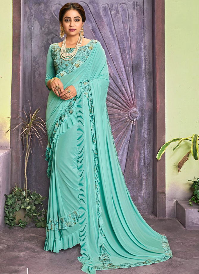 New Designer Lycra Fancy Party Wear Frill Sarees Collection For Women