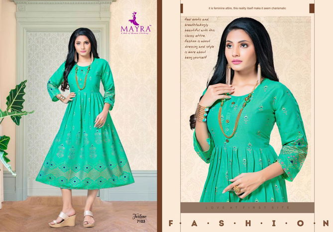 Mayra Fortune Latest Designer Fancy Flair Style Casual Wear Rayon printed Kurtis Collection
