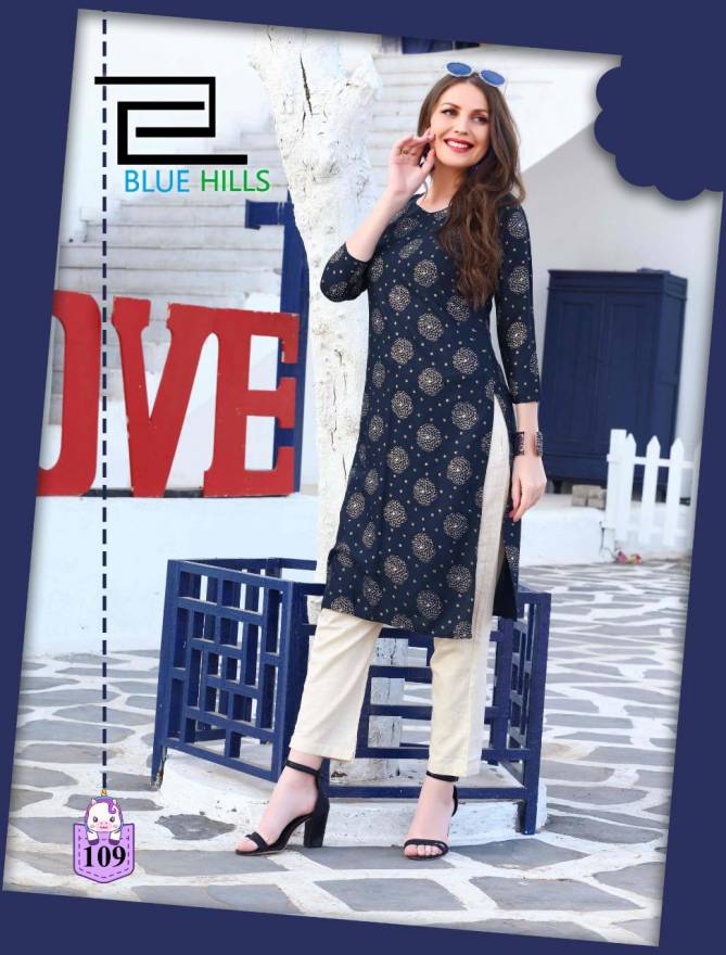 Blue Hills Divine fancy Ethnic Wear rayon With Gold Print Kurti With Bottom Designer Kurtis Collection