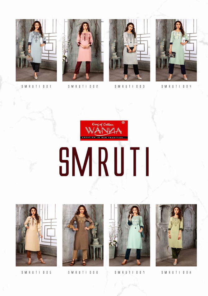 Wanna Smruti Latest Designer Casual Wear Rayon Kurti With Pant Style Bottom Collection
