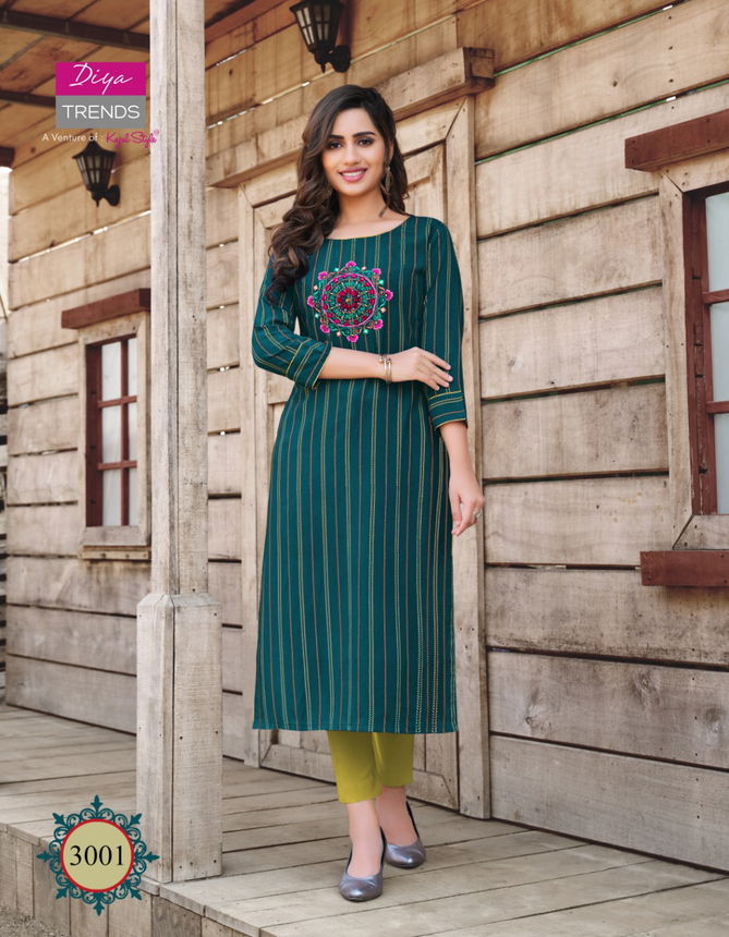 Victoria 3 Latest Fancy Designer Ethnic Wear Heavy Rayon Foil Print Designer Kurtis Collection
