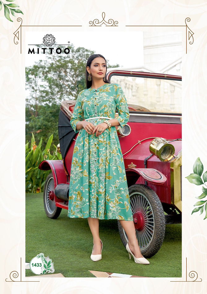 Belt Vol 19 By Mittoo Rayon Printed Party Wear Kurtis Exporters In Inida