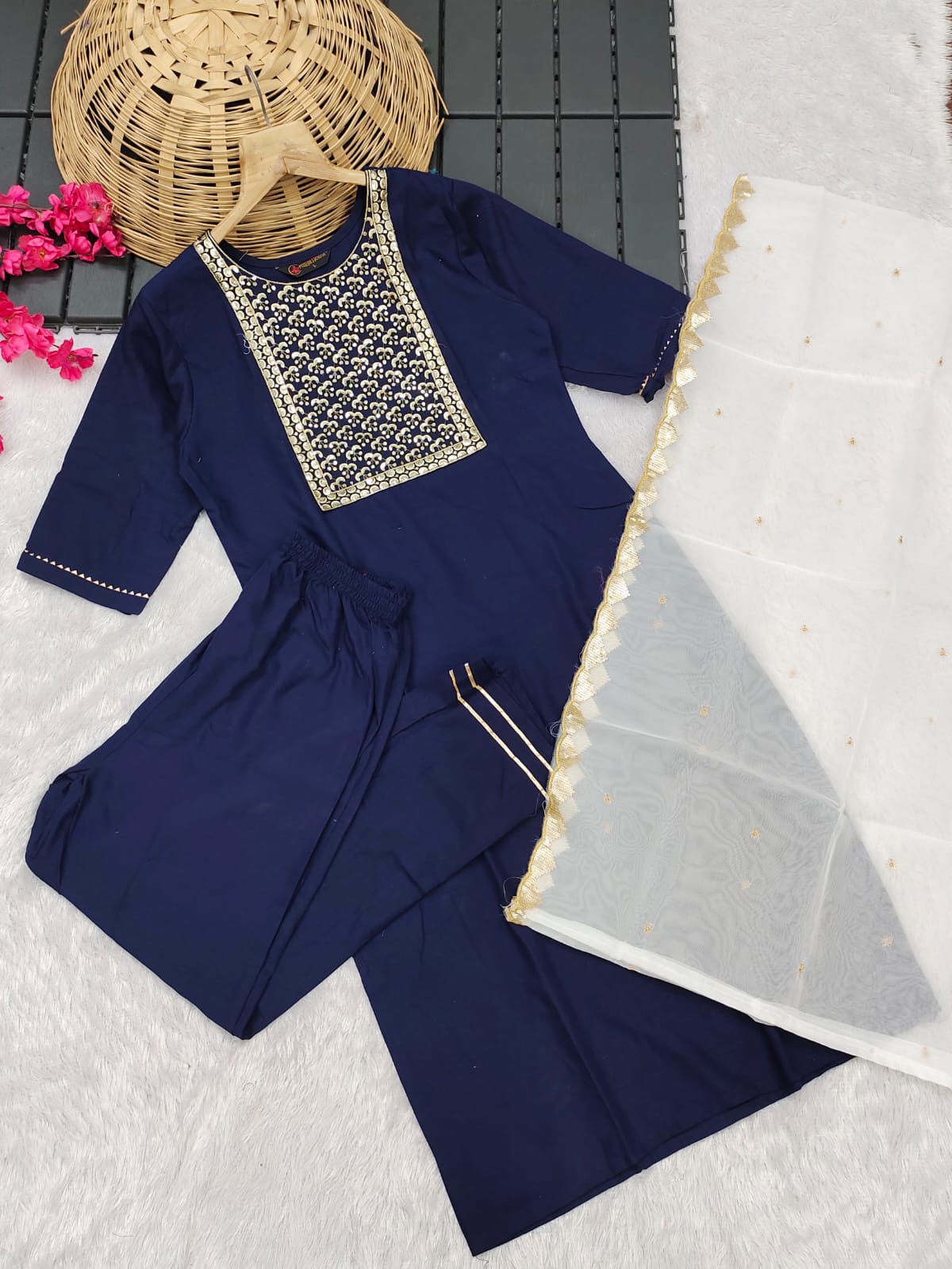 Shamal Viscose Reyon Embroidery Kurti With Bottom Dupatta Wholesale Shop In Surat