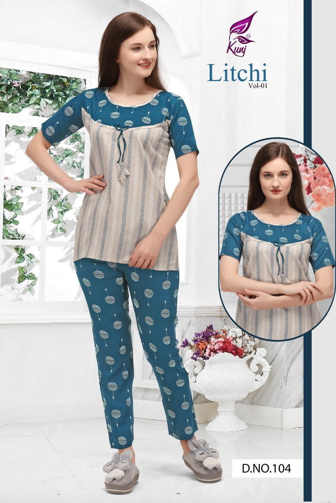 Kunj Litchi 1 oft Latest Exclusive Comfortable With Super Fine Stitching Rayon Night Suits Collection