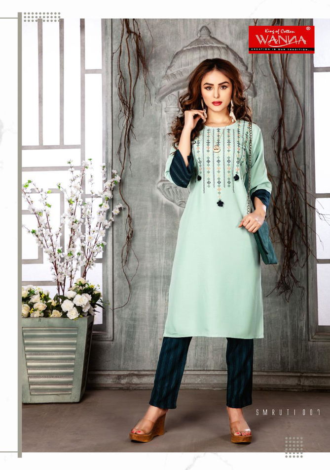 Wanna Smruti Latest Designer Casual Wear Rayon Kurti With Pant Style Bottom Collection
