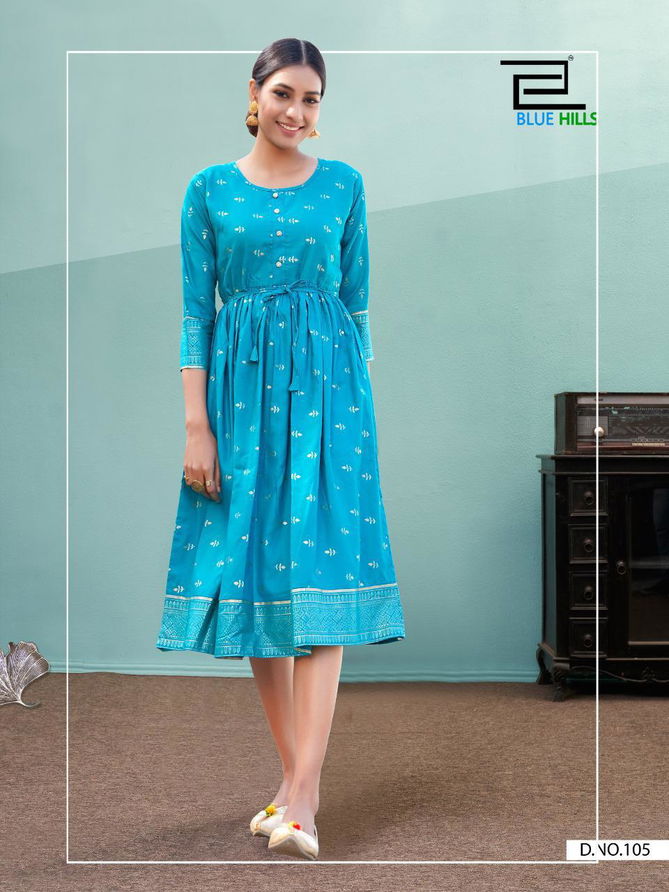 Blue Hills Shine Latest Fancy Designer Ethnic Wear Rayon Gold Print Kurtis Collection
