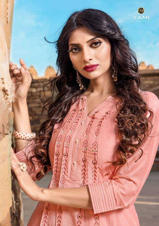 YAMI RESHAMI VOL-2 Latest Fancy Festive Wear Viscos Embroidery Work Kurtis With palazzo Collection