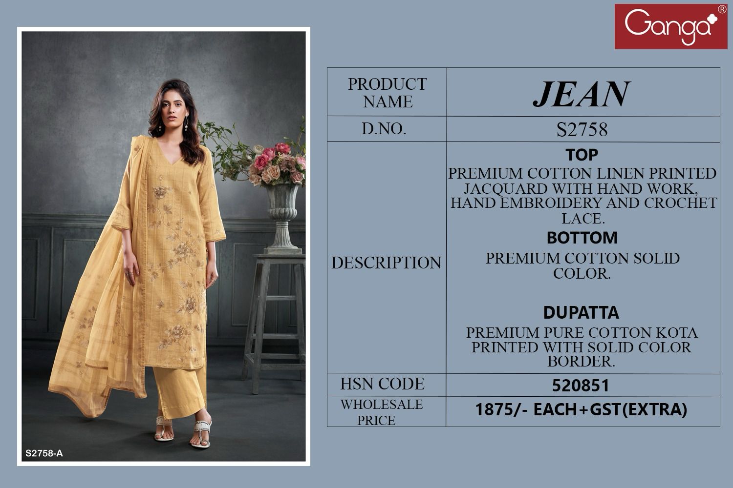 Jean 2758 By Ganga Cotton Linen Printed Dress Material Wholesalers In India