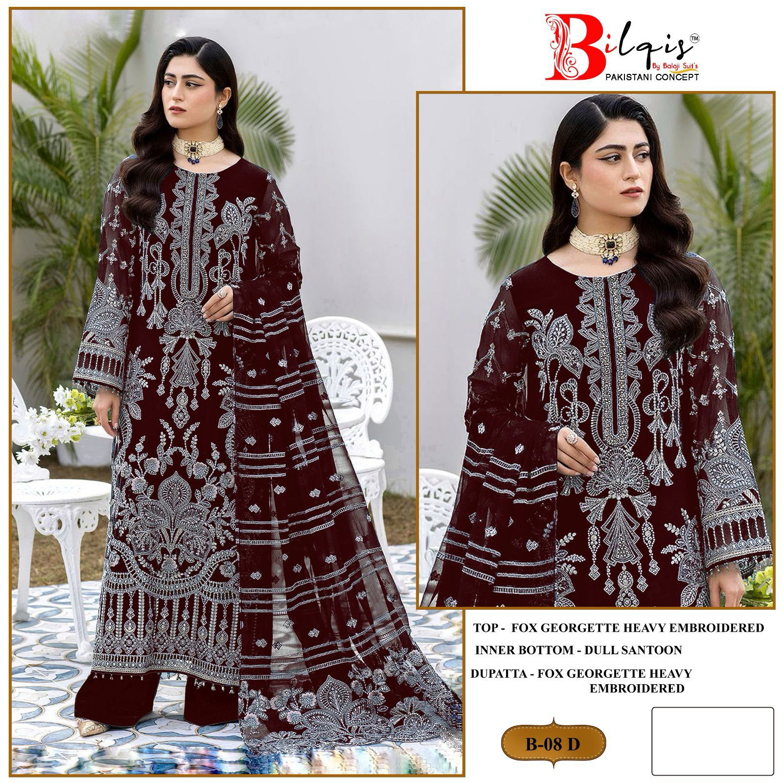 Bilqis B 08 A To D Embroidery Georgette Pakistani Suits Wholesalers In Delhi
