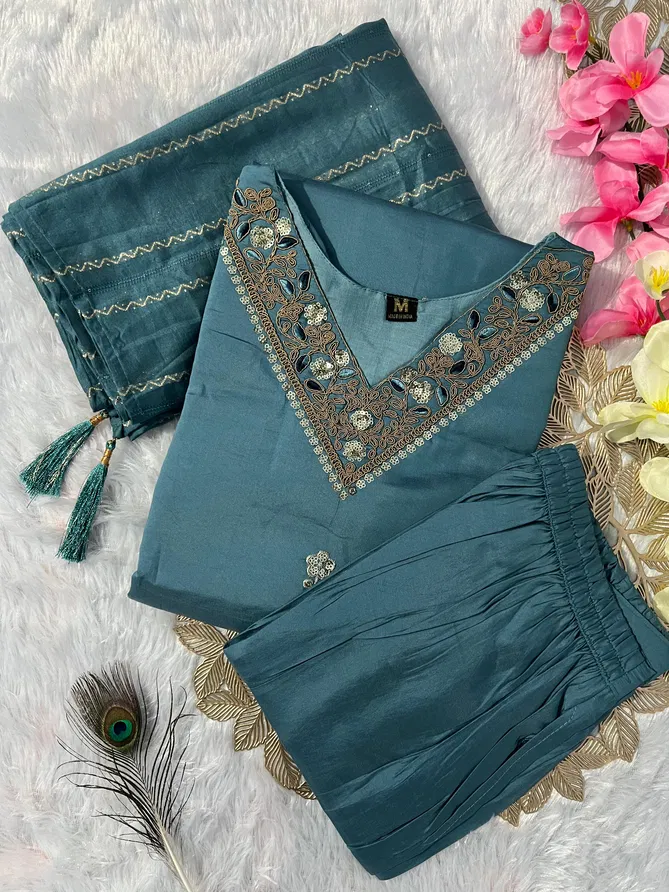 VT Designer Denim Blue Colour Roman Silk Embroidery Kurti With Bottom Dupatta Orders In India