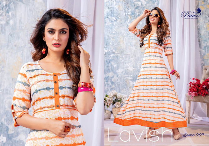 Paavi Sanaa Exclusive Stylish Designer Rayon Casual Wear Long Kurtis Collection 