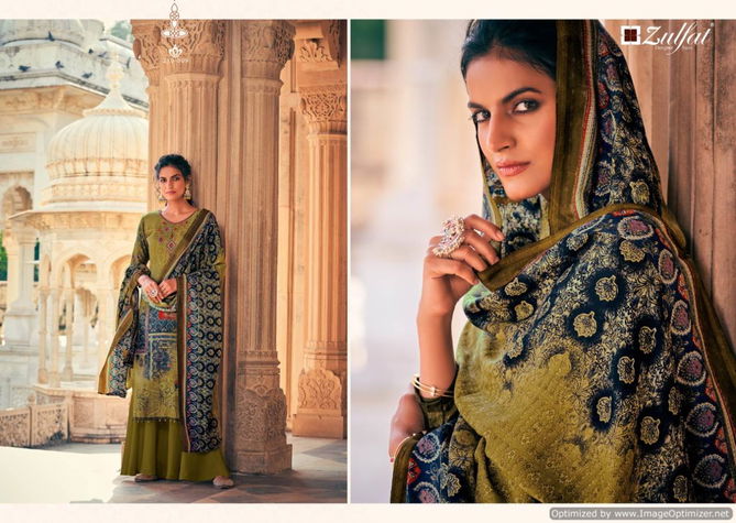 Zulfat Olive Latest Pure Pashmina Print with Heavy Embroidery Casual Wear Designer Dress Material Collection 