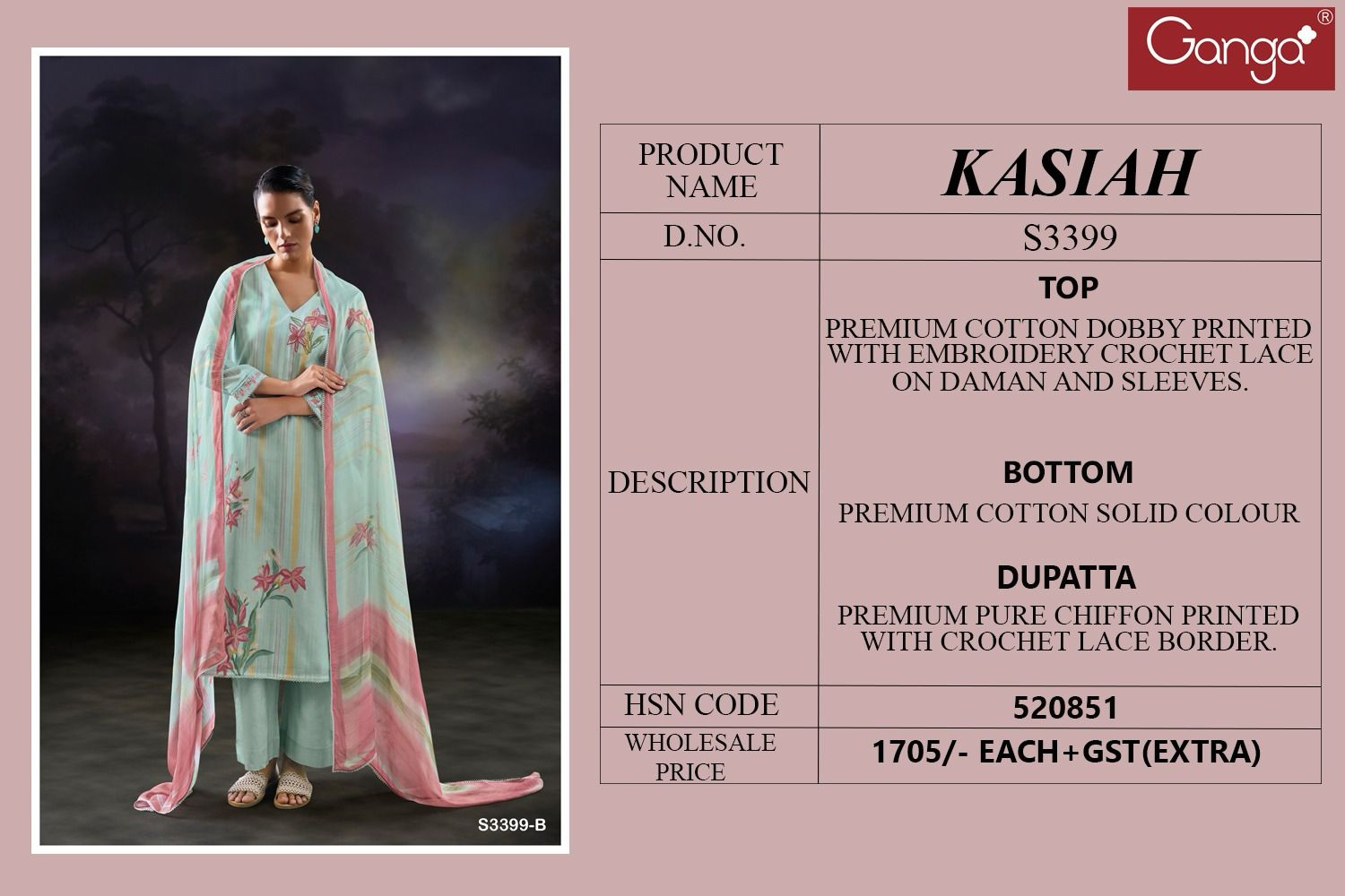 Kasiah 3399 by Ganga Cotton Printed Embroidery Salwar Suit Orders In India