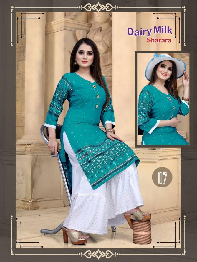 Aagya Dairy Milk Sharara 2 Latest Fancy Designer Casual Wear Rayon Kurti With Bottom Collection
