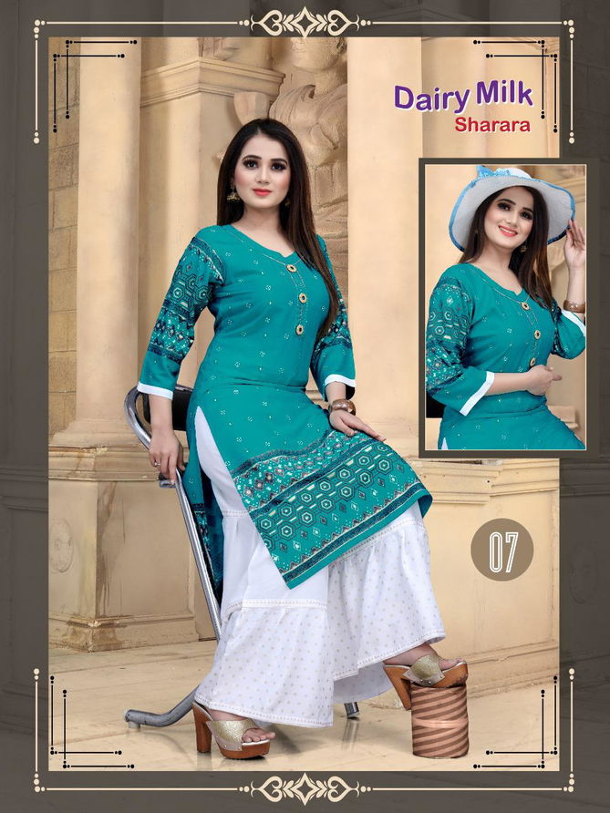 Aagya Dairy Milk Sharara 2 Latest Fancy Designer Casual Wear Rayon Kurti With Bottom Collection
